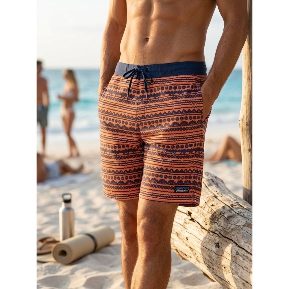 Patagonia Orange Wavefarer Boardshorts Navy Tribal Geometric Print STY86543 Mens